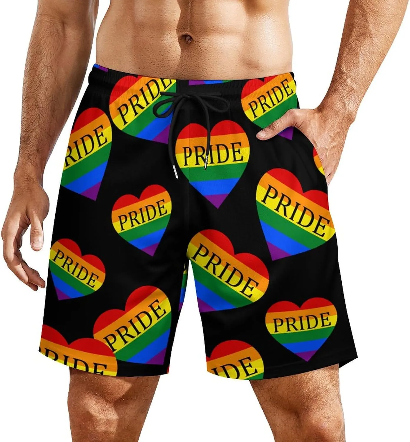 Gay Pride LGBT Love Heart Men's Swim Trunk Quick-Dry Shorts with Mesh Lining And Pockets