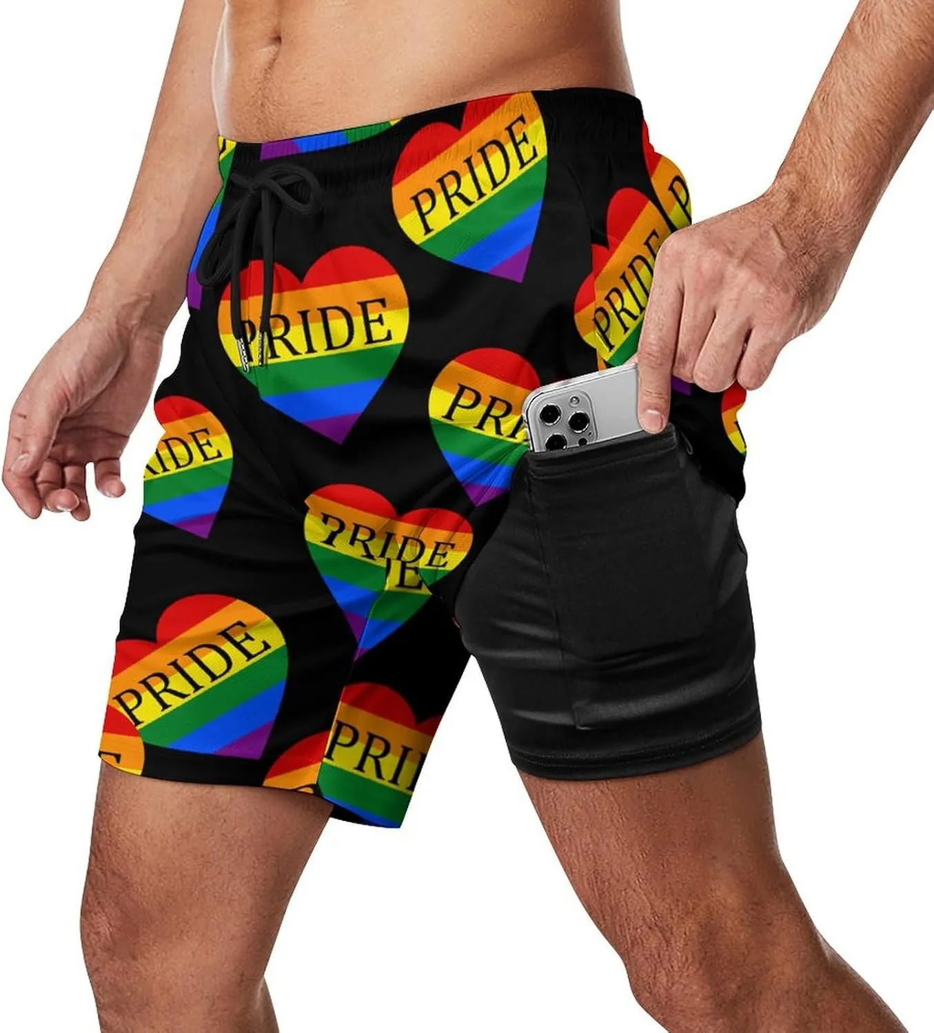 Gay Pride LGBT Love Heart Men's Swim Trunk Quick-Dry Shorts with Mesh Lining And Pockets