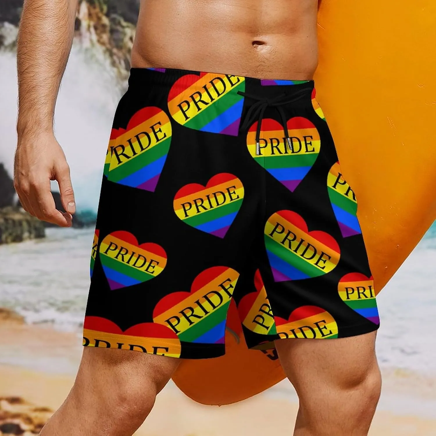 Gay Pride LGBT Love Heart Men's Swim Trunk Quick-Dry Shorts with Mesh Lining And Pockets