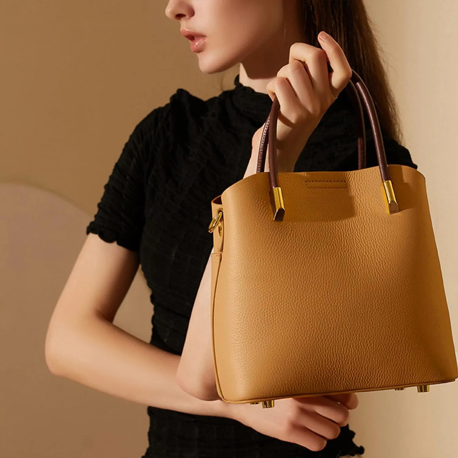 Genuine Leather Bucket Bag for Women, Top-Handle Handbags, Bucket Purses for Women with Two Removable Straps