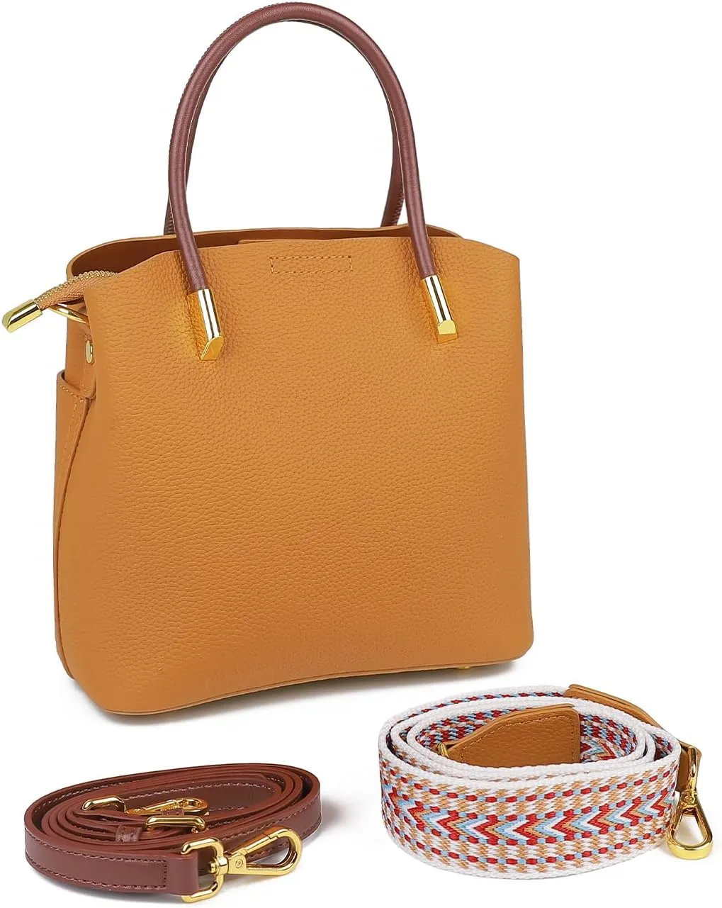 Genuine Leather Bucket Bag for Women, Top-Handle Handbags, Bucket Purses for Women with Two Removable Straps