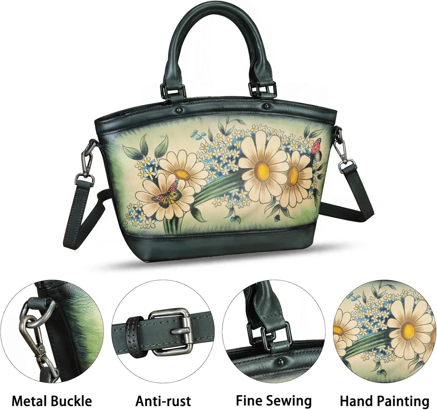 Genuine Leather Handbag Purse for Women Hand Painted Shoulder Handbag Handmade Purse Crossbody Work Tote Casual Bag