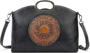 Genuine Leather Handbags for Women, Organizer Crossbody Bag Large Satchel Vintage Embossing Totem Shoulder Bag