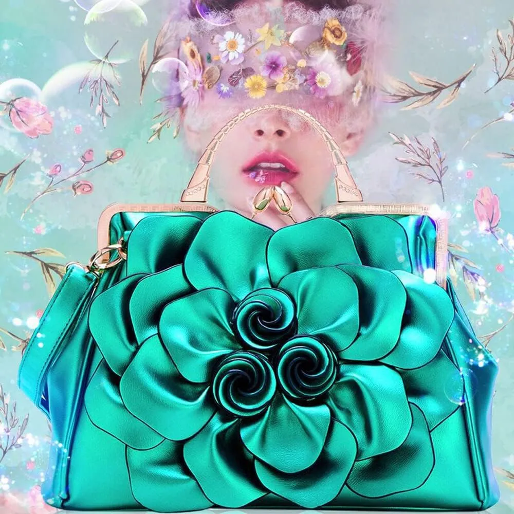 Genuine Leather Handbags Women 3D Floral Tote Bags Kiss Lock Purse Top Handle Handbag Evening Bag Shoulder Bag Satchel