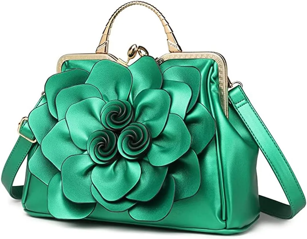 Genuine Leather Handbags Women 3D Floral Tote Bags Kiss Lock Purse Top Handle Handbag Evening Bag Shoulder Bag Satchel