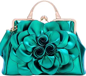 Genuine Leather Handbags Women 3D Floral Tote Bags Kiss Lock Purse Top Handle Handbag Evening Bag Shoulder Bag Satchel