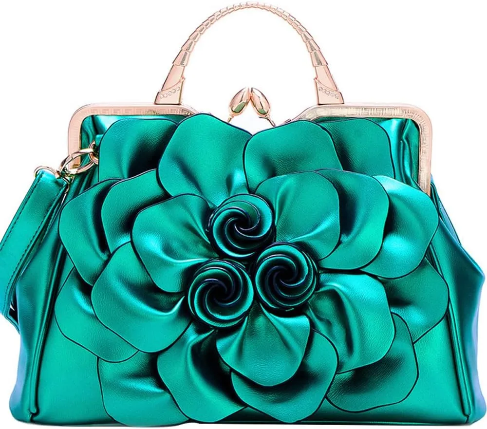 Genuine Leather Handbags Women 3D Floral Tote Bags Kiss Lock Purse Top Handle Handbag Evening Bag Shoulder Bag Satchel
