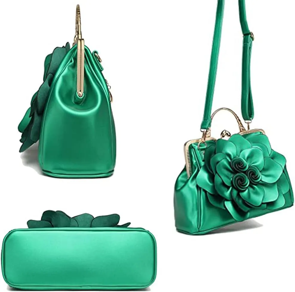 Genuine Leather Handbags Women 3D Floral Tote Bags Kiss Lock Purse Top Handle Handbag Evening Bag Shoulder Bag Satchel