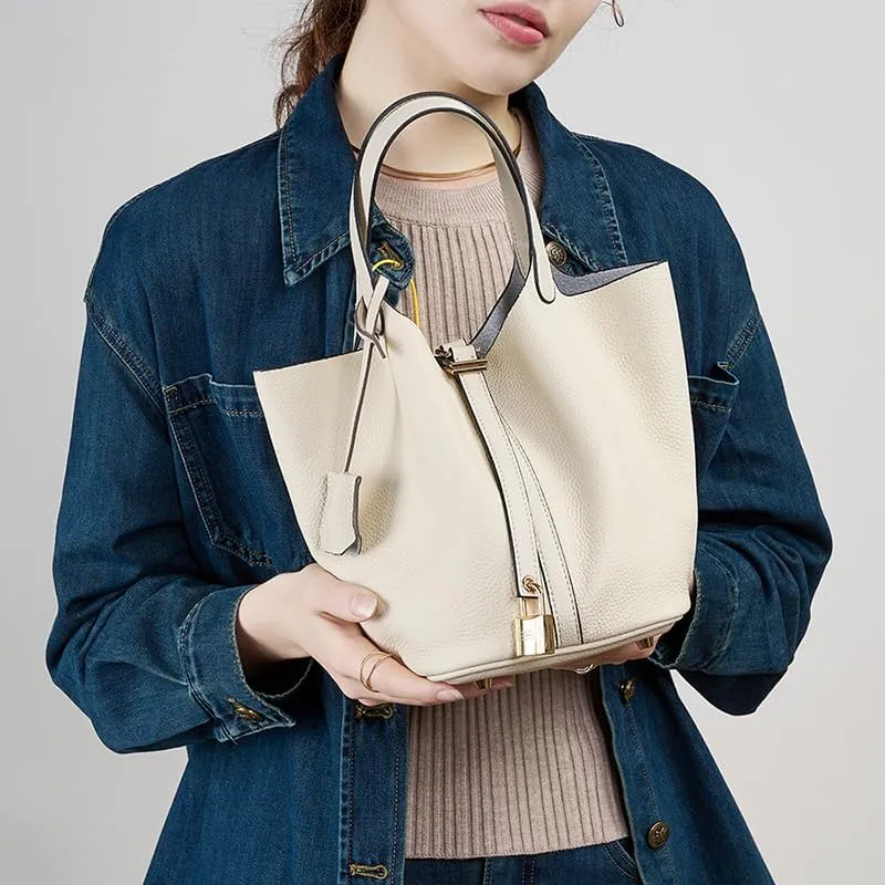 Genuine Leather Lock Design Bucket Bag Vegetable Basket, Versatile Shoulder Handbag Satchel Purses