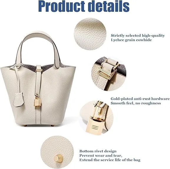 Genuine Leather Lock Design Bucket Bag Vegetable Basket, Versatile Shoulder Handbag Satchel Purses