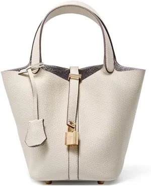 Genuine Leather Lock Design Bucket Bag Vegetable Basket, Versatile Shoulder Handbag Satchel Purses