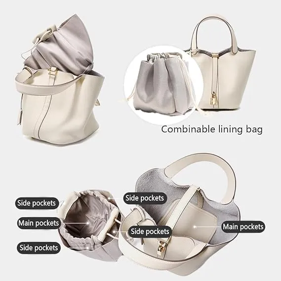 Genuine Leather Lock Design Bucket Bag Vegetable Basket, Versatile Shoulder Handbag Satchel Purses