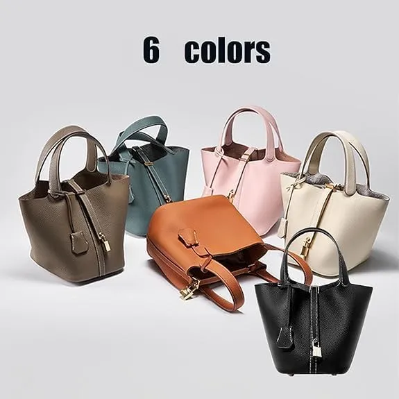 Genuine Leather Lock Design Bucket Bag Vegetable Basket, Versatile Shoulder Handbag Satchel Purses