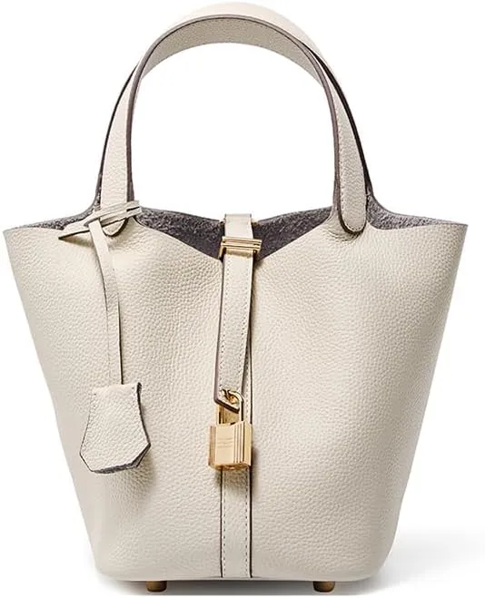 Genuine Leather Lock Design Bucket Bag Vegetable Basket, Versatile Shoulder Handbag Satchel Purses