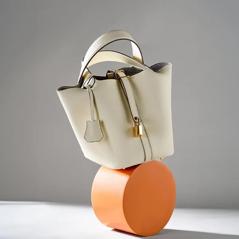 Genuine Leather Lock Design Bucket Bag Vegetable Basket, Versatile Shoulder Handbag Satchel Purses