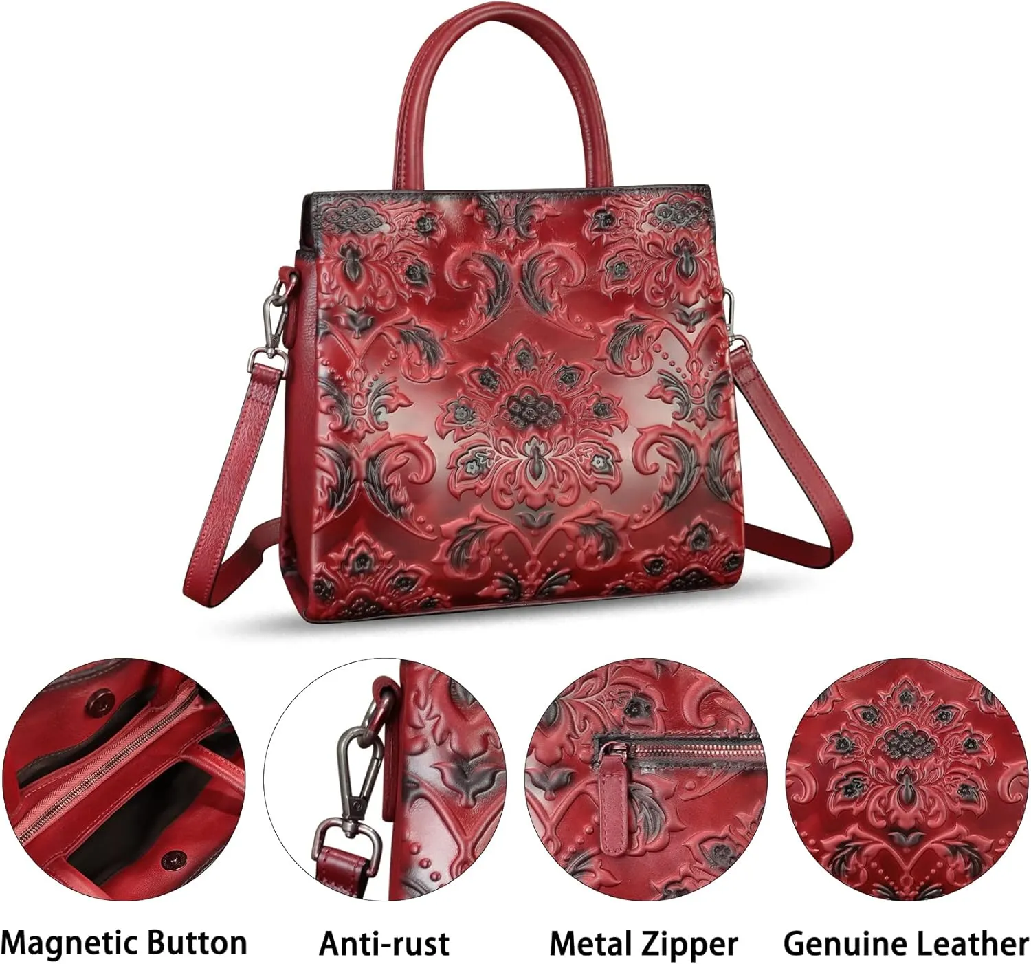 Genuine Leather Purses and Handbags for Women Vintage Embossed Leather Tote Bag Crossbody Shoulder Bag Satchel Bags