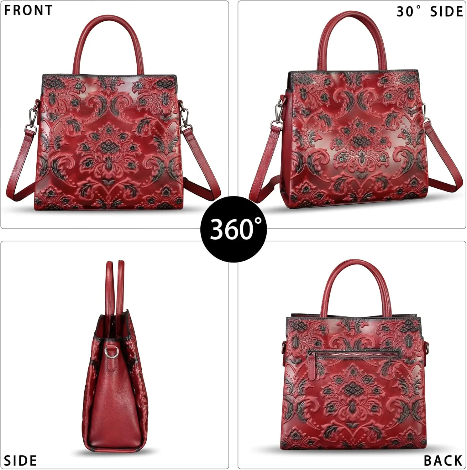 Genuine Leather Purses and Handbags for Women Vintage Embossed Leather Tote Bag Crossbody Shoulder Bag Satchel Bags