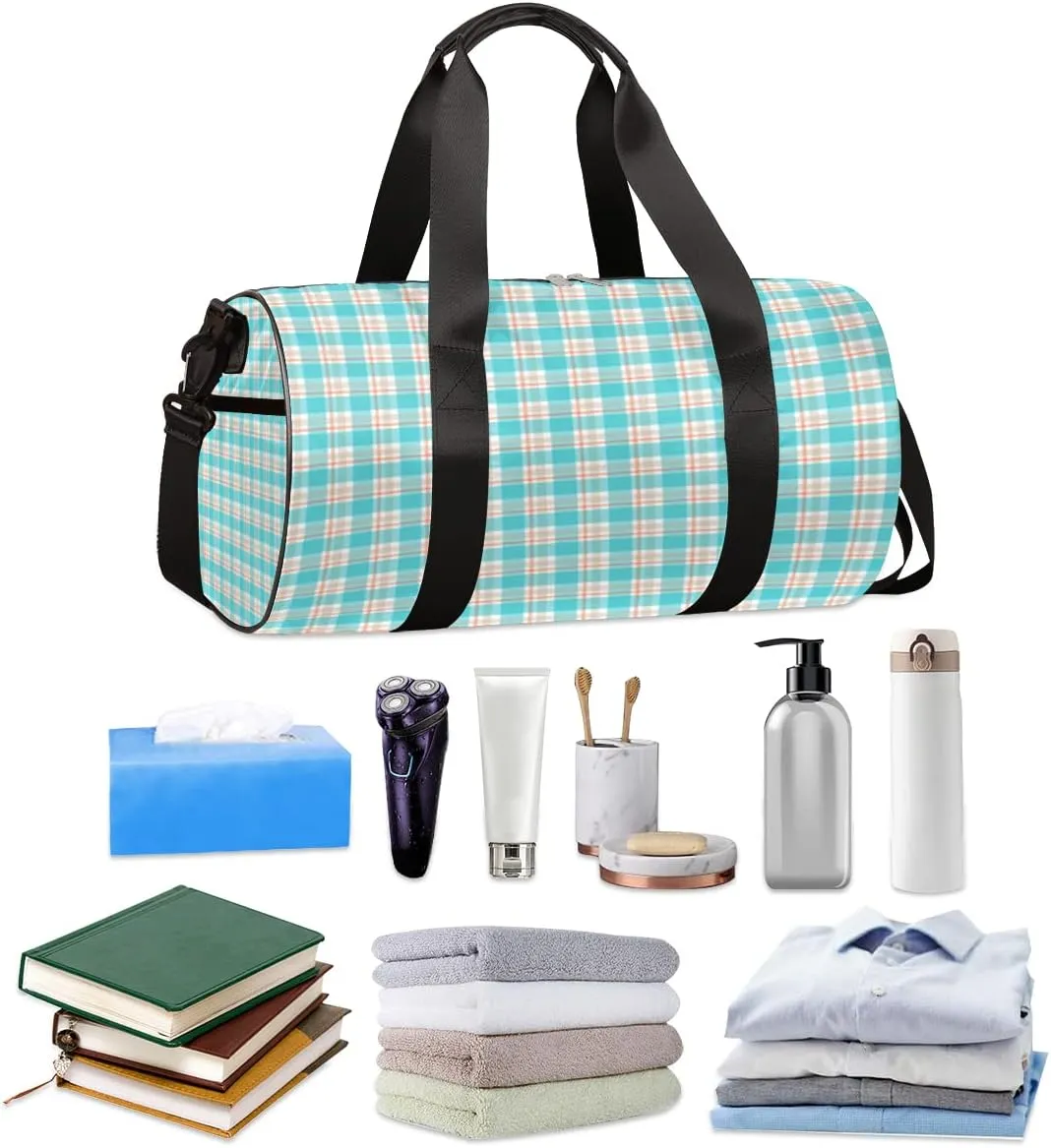 Geometric Plaid Gym Bag Small Gym Duffel Bags for Men Women Gingham Tartan Overnight Weekender Bag Lightweight Sport Duffle Bag Carry On Gymbag