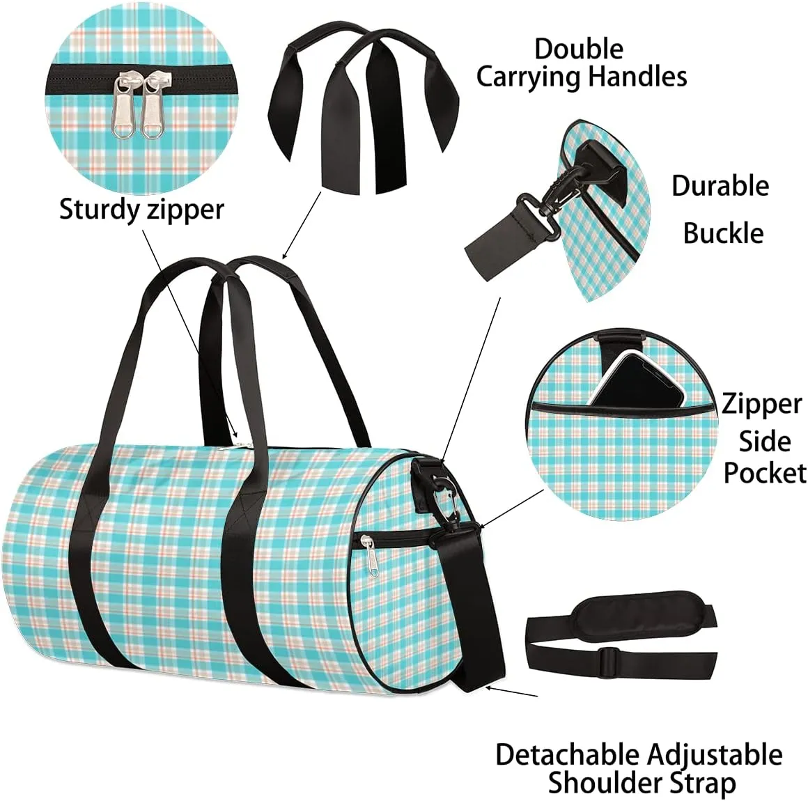 Geometric Plaid Gym Bag Small Gym Duffel Bags for Men Women Gingham Tartan Overnight Weekender Bag Lightweight Sport Duffle Bag Carry On Gymbag