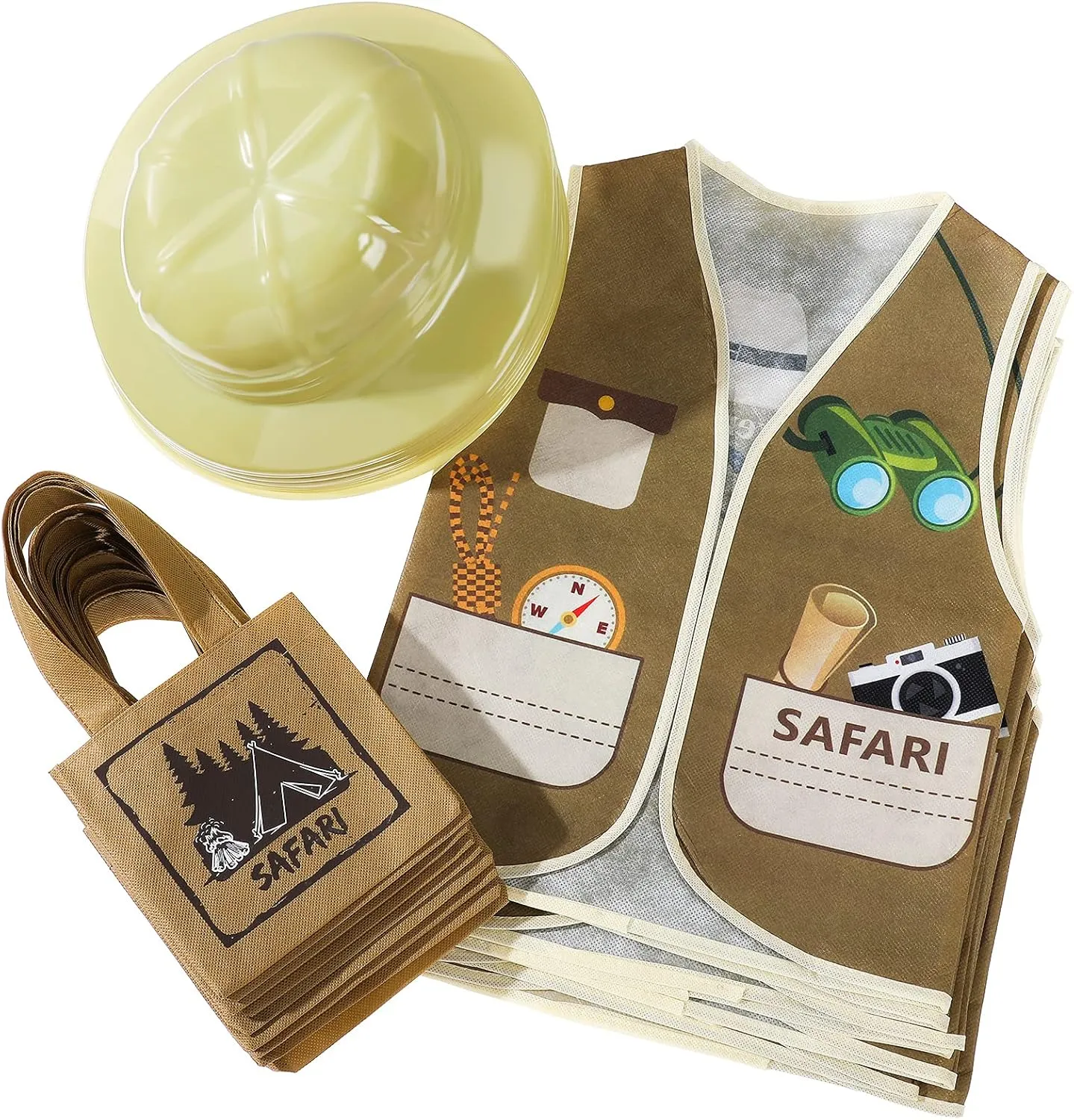 Geyoga 24 Pcs kids Explorer Costume include 8 Safari Vest and 8 Plastic Safari Hats Tote Bags Explorer Outfit for Kids Boys Girls Jungle Party Favors Outdoor Activity Birthday Gifts