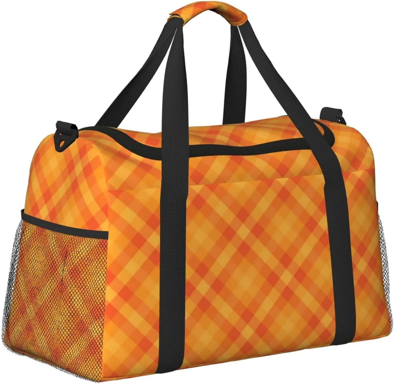 Gingham Orange Travel Duffel Bag Large Foldable Waterproof Overnight Bag For Beach Swim Bags Pool Sports Gym