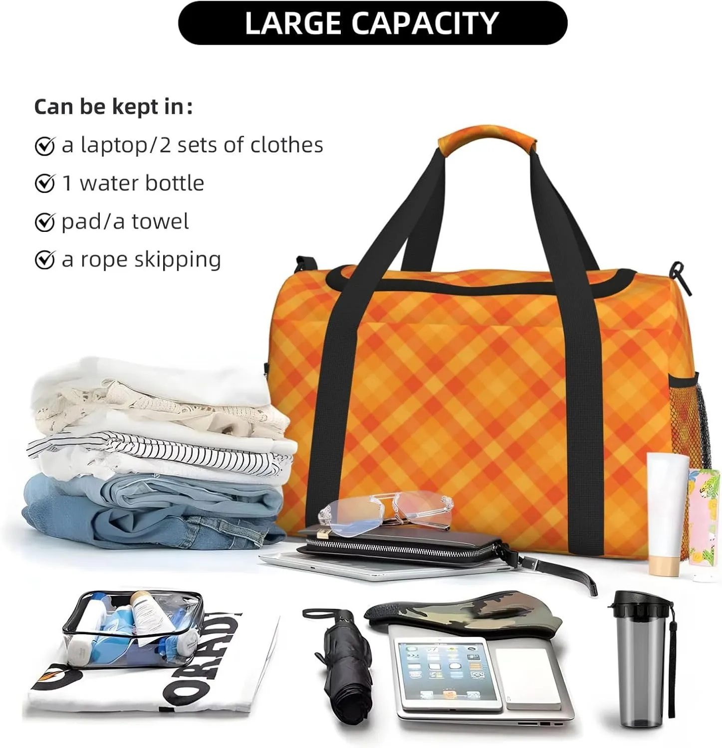 Gingham Orange Travel Duffel Bag Large Foldable Waterproof Overnight Bag For Beach Swim Bags Pool Sports Gym
