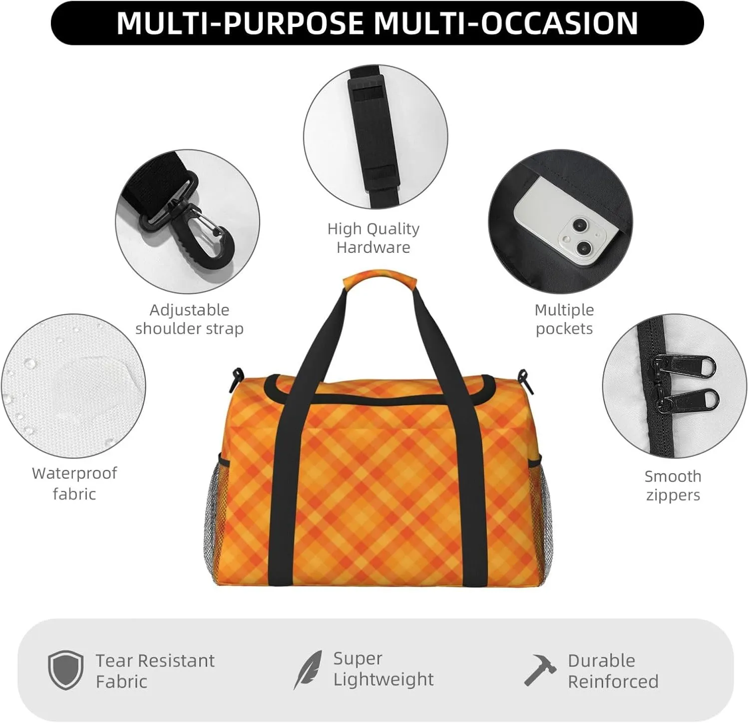 Gingham Orange Travel Duffel Bag Large Foldable Waterproof Overnight Bag For Beach Swim Bags Pool Sports Gym