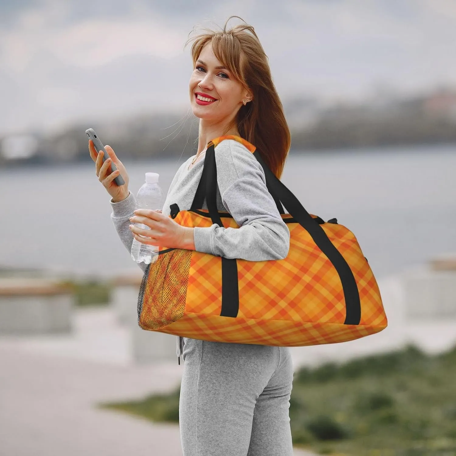 Gingham Orange Travel Duffel Bag Large Foldable Waterproof Overnight Bag For Beach Swim Bags Pool Sports Gym