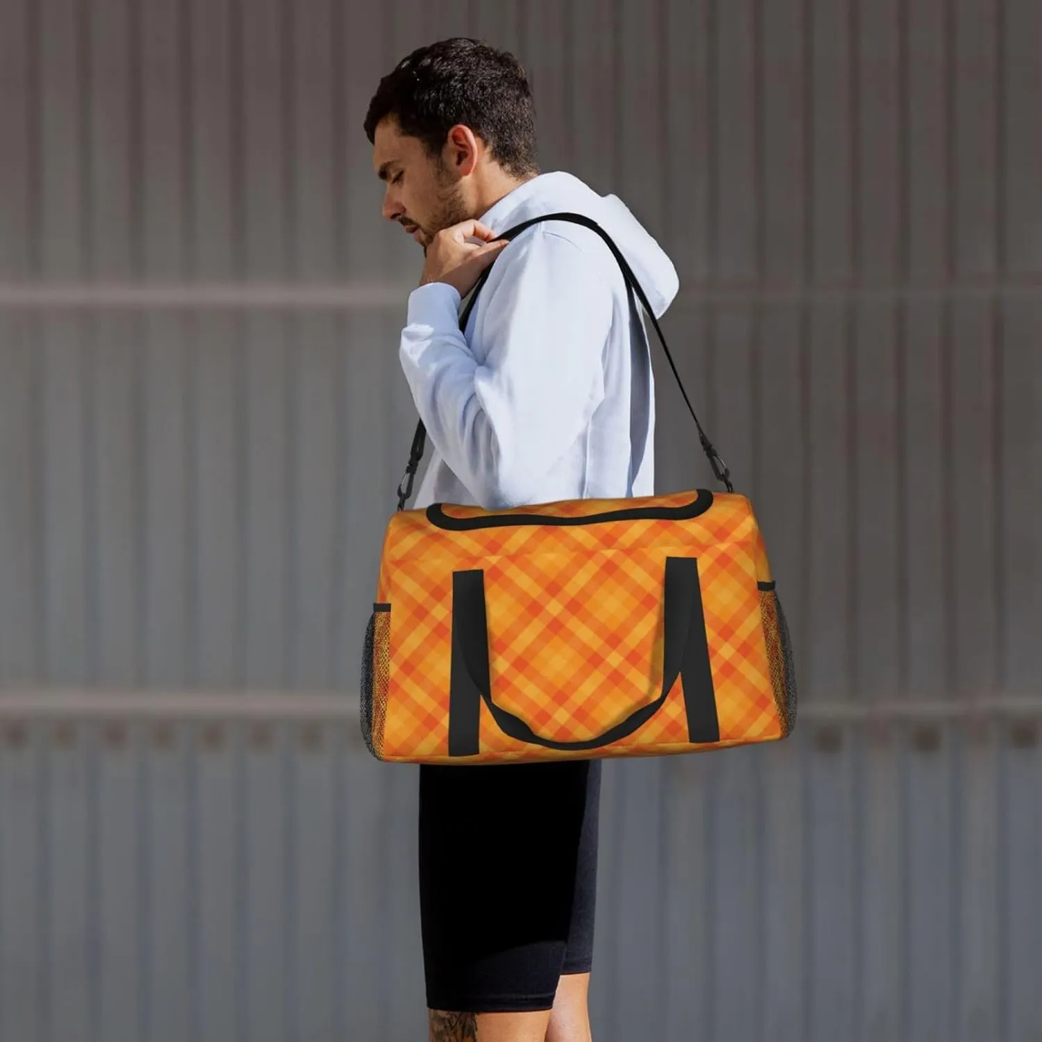 Gingham Orange Travel Duffel Bag Large Foldable Waterproof Overnight Bag For Beach Swim Bags Pool Sports Gym