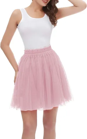 Girstunm Women's Elastic Waist Dancing Dress Princess Mesh Tulle Above Knee Skirts
