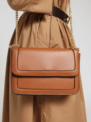 Gold Clasp Chain Detail Satchel - Tan