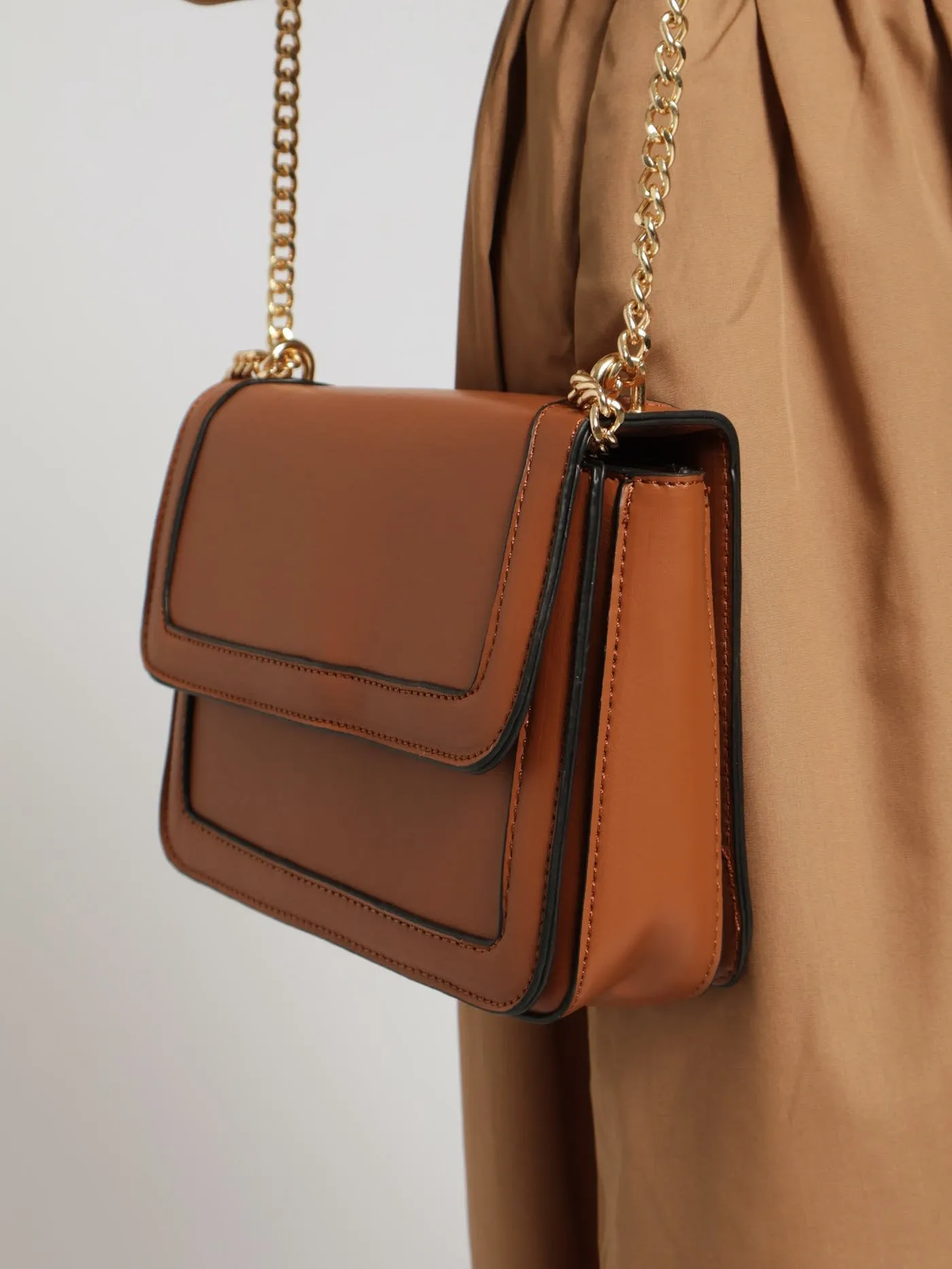 Gold Clasp Chain Detail Satchel - Tan