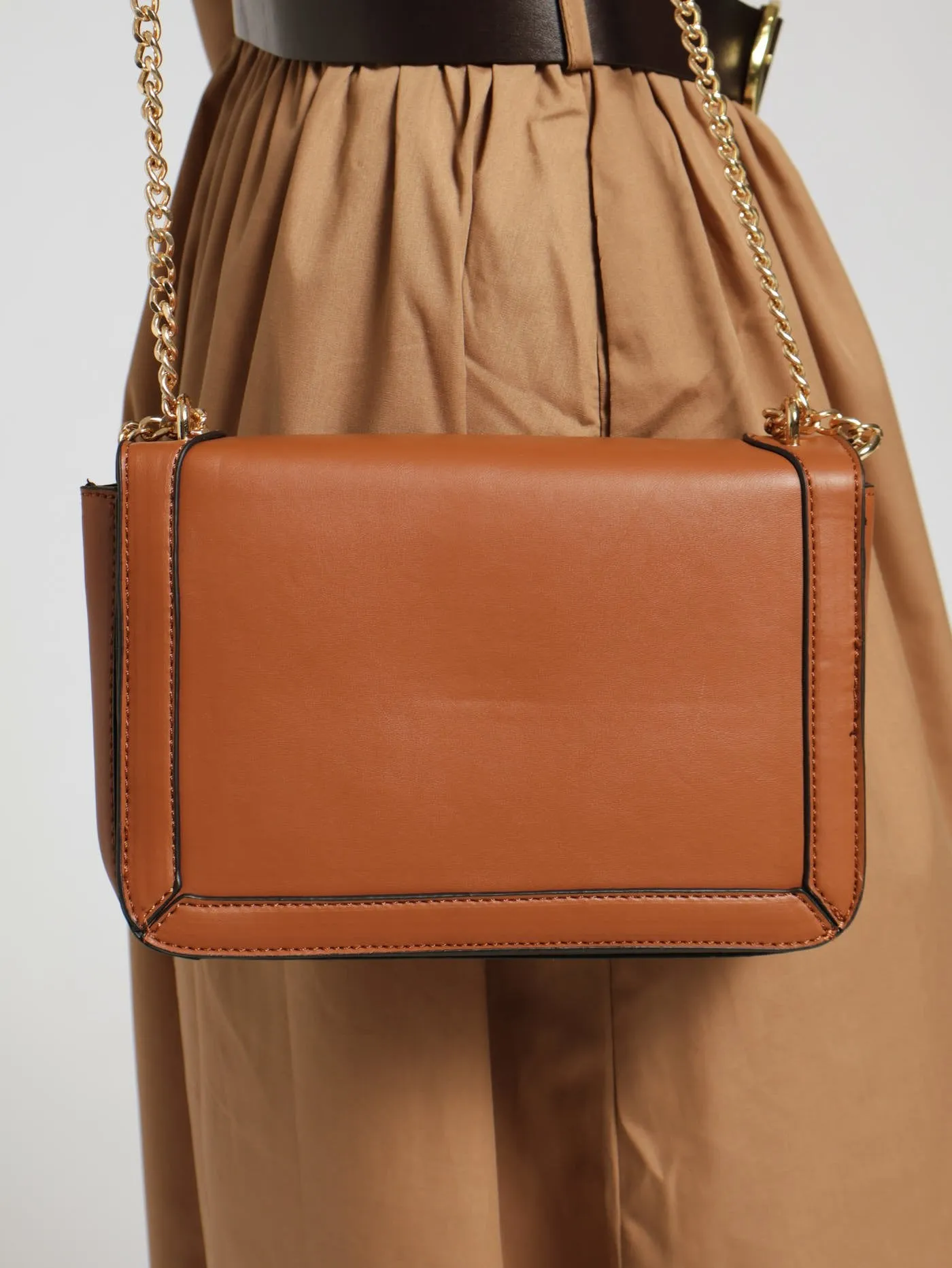 Gold Clasp Chain Detail Satchel - Tan