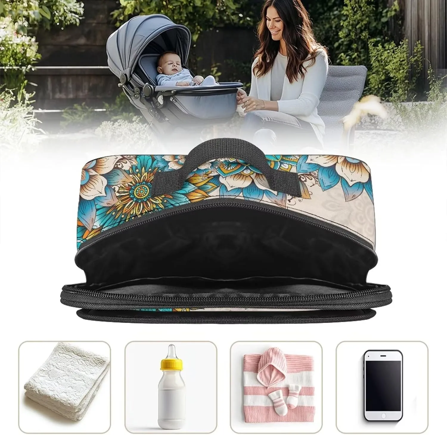 Gomyblomy Boho Butterfly Baby Stroller Organizer with Cup Holder Floral Stroller Bags with Double Hanging Hooks and Shoulder Strap Universal Fit for Most Strollers