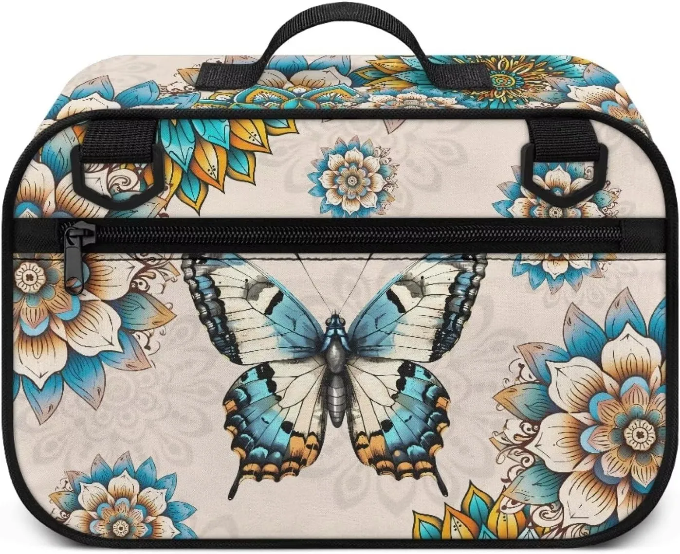 Gomyblomy Boho Butterfly Baby Stroller Organizer with Cup Holder Floral Stroller Bags with Double Hanging Hooks and Shoulder Strap Universal Fit for Most Strollers