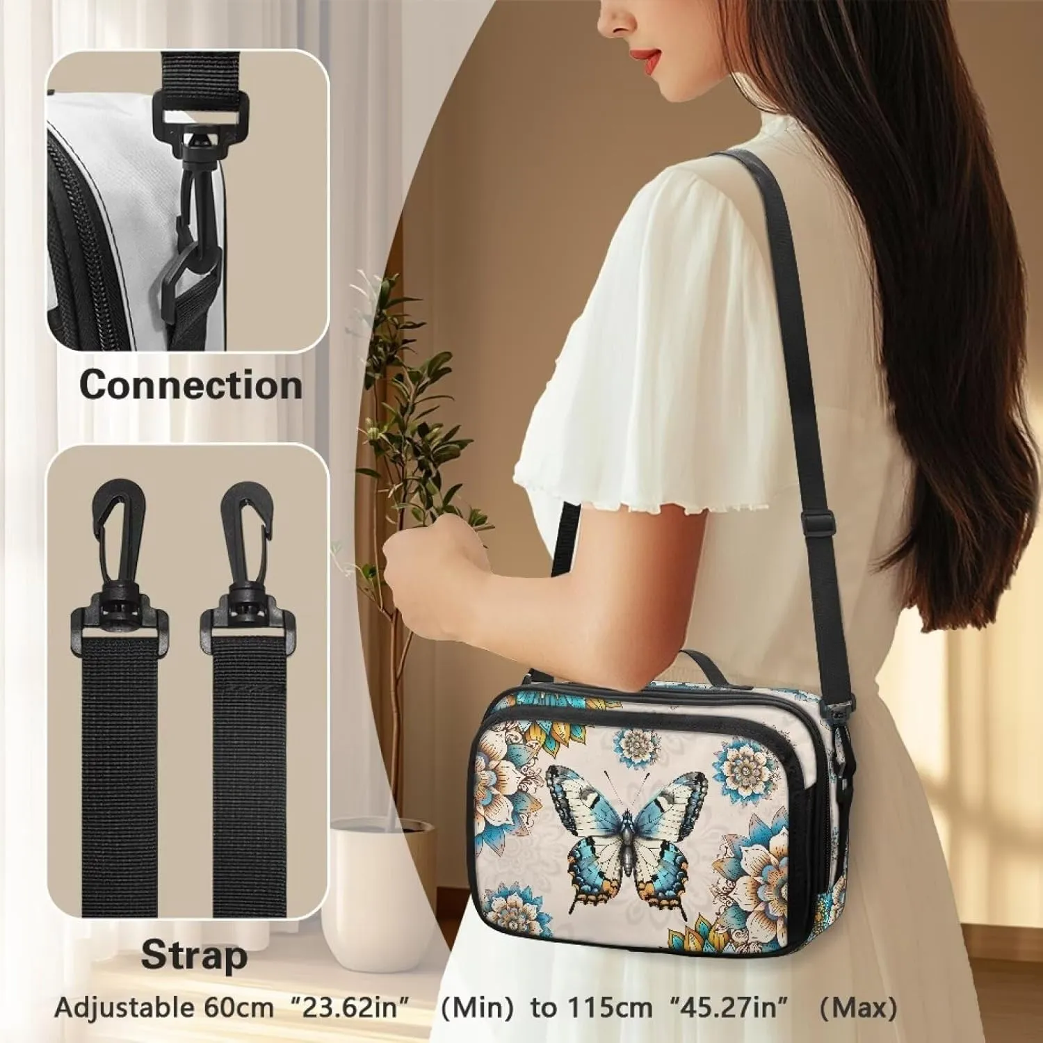 Gomyblomy Boho Butterfly Baby Stroller Organizer with Cup Holder Floral Stroller Bags with Double Hanging Hooks and Shoulder Strap Universal Fit for Most Strollers