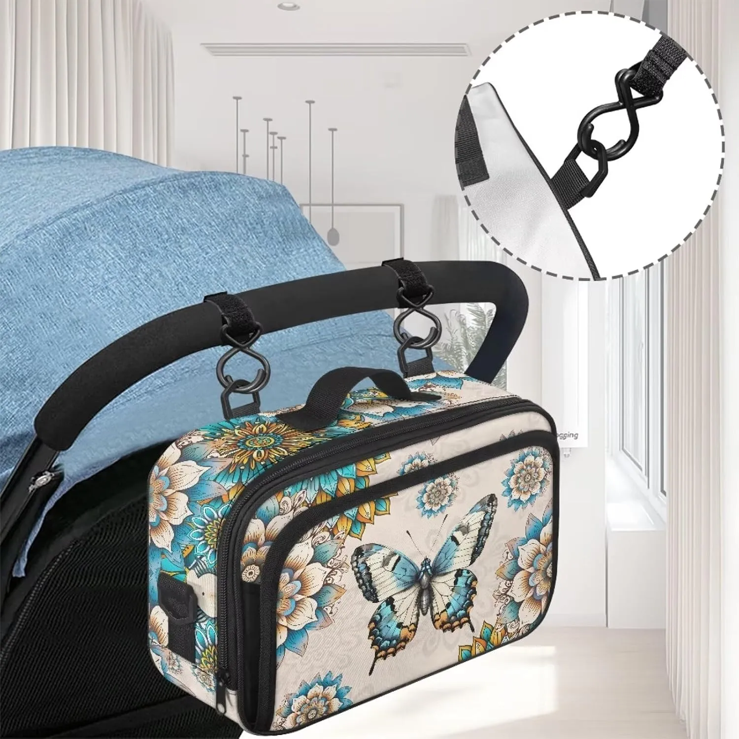 Gomyblomy Boho Butterfly Baby Stroller Organizer with Cup Holder Floral Stroller Bags with Double Hanging Hooks and Shoulder Strap Universal Fit for Most Strollers