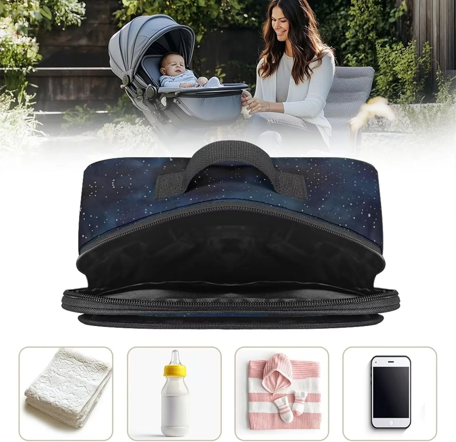 Gomyblomy Butterfly Flowers Stroller Caddy Organizer Blue Baby Stroller Bags Storage Attachment with Non Slip Scure Hooks Universal Stroller Accessories Gifts for New Moms