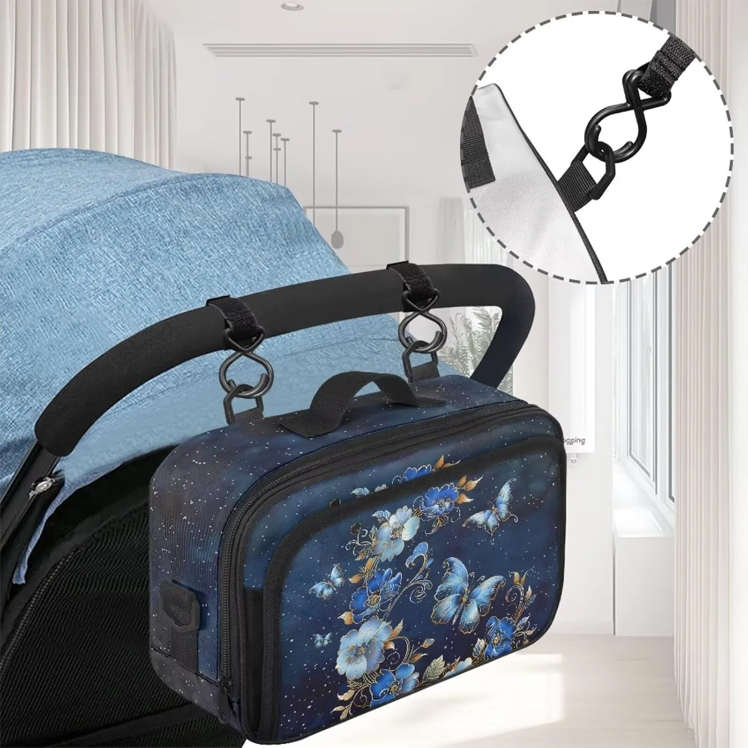 Gomyblomy Butterfly Flowers Stroller Caddy Organizer Blue Baby Stroller Bags Storage Attachment with Non Slip Scure Hooks Universal Stroller Accessories Gifts for New Moms