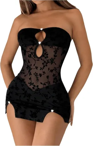 GORGLITTER Women's Chemise Nightgowns Floral Lace Mesh Strapless Thong Babydoll Dress Lingerie Set