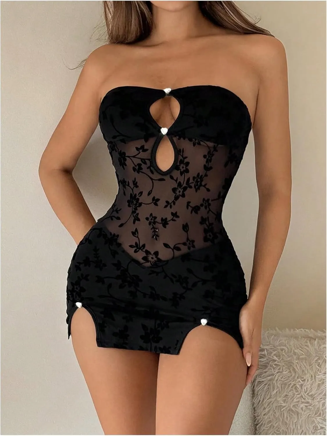 GORGLITTER Women's Chemise Nightgowns Floral Lace Mesh Strapless Thong Babydoll Dress Lingerie Set