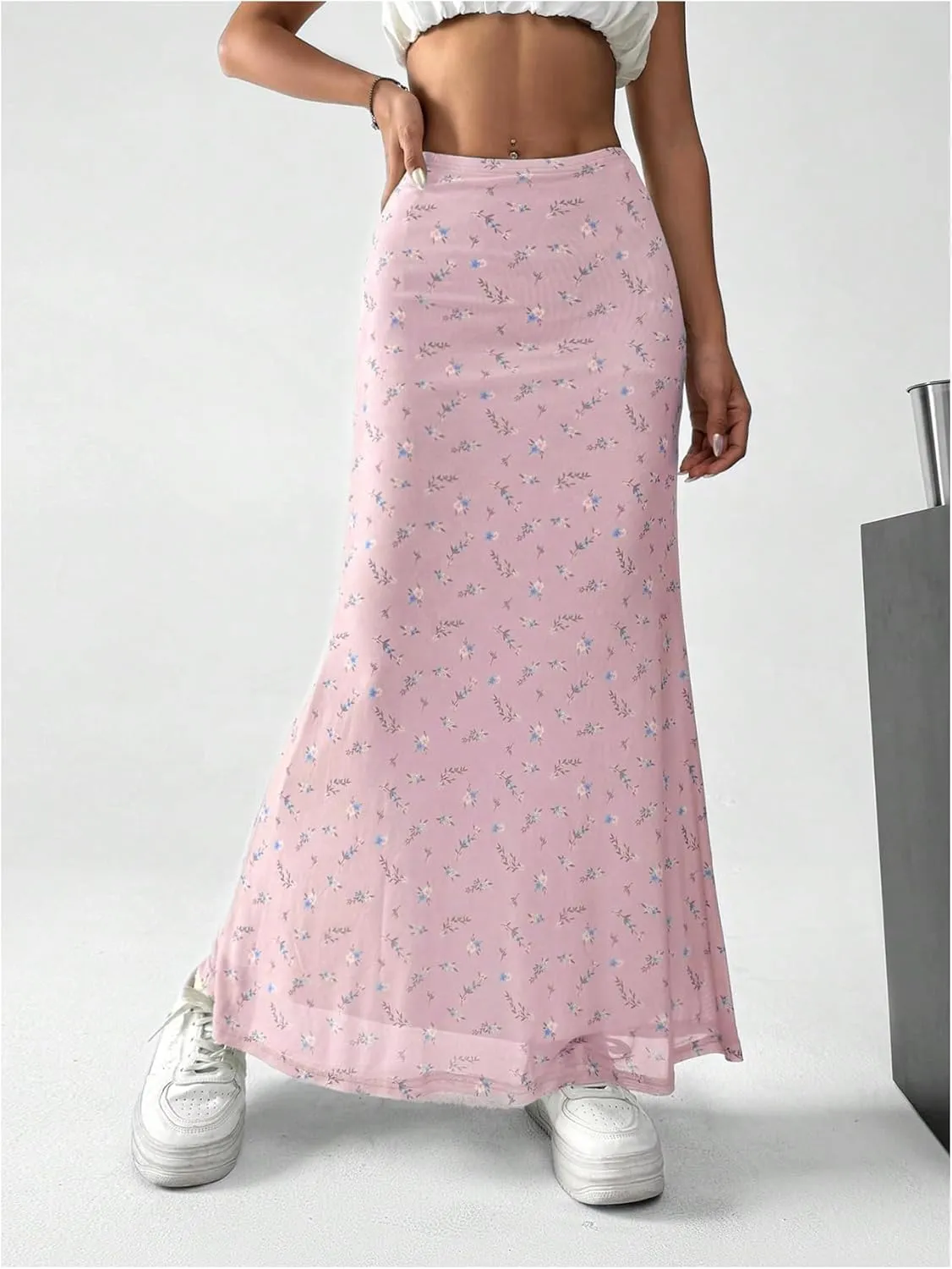GORGLITTER Women's Floral Flowy Mesh Maxi Skirt High Waisted A Line Long Skirts Summer Outfits