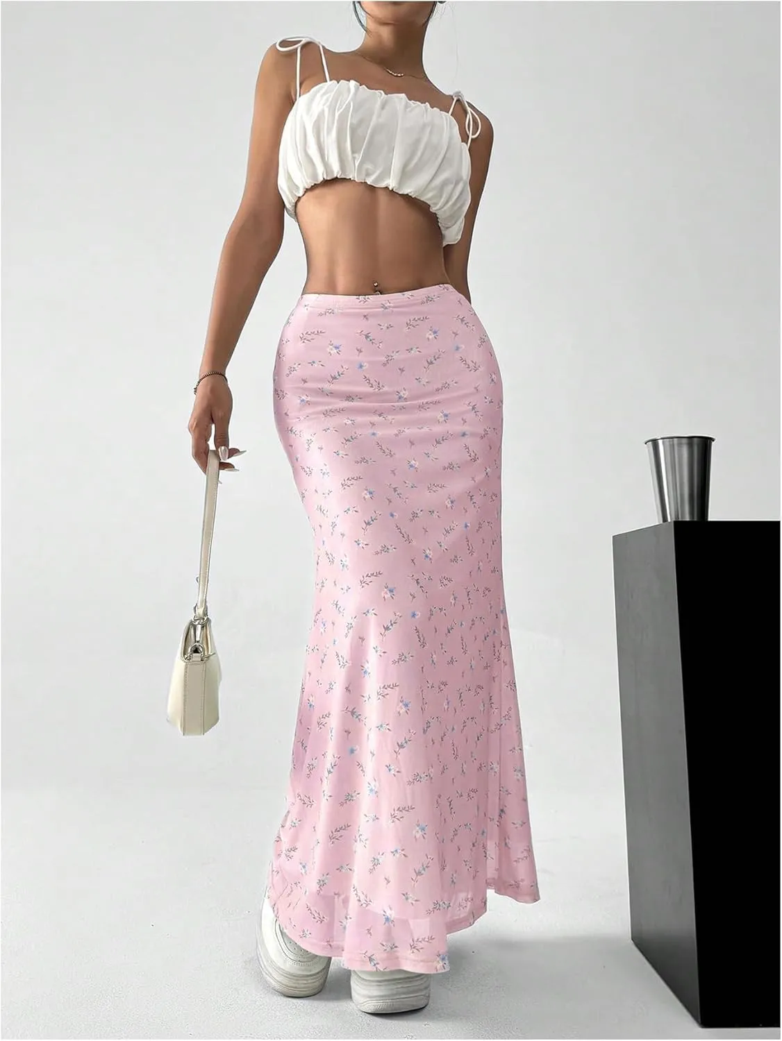 GORGLITTER Women's Floral Flowy Mesh Maxi Skirt High Waisted A Line Long Skirts Summer Outfits