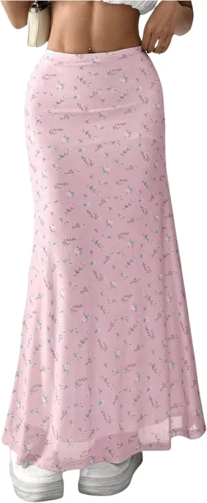 GORGLITTER Women's Floral Flowy Mesh Maxi Skirt High Waisted A Line Long Skirts Summer Outfits