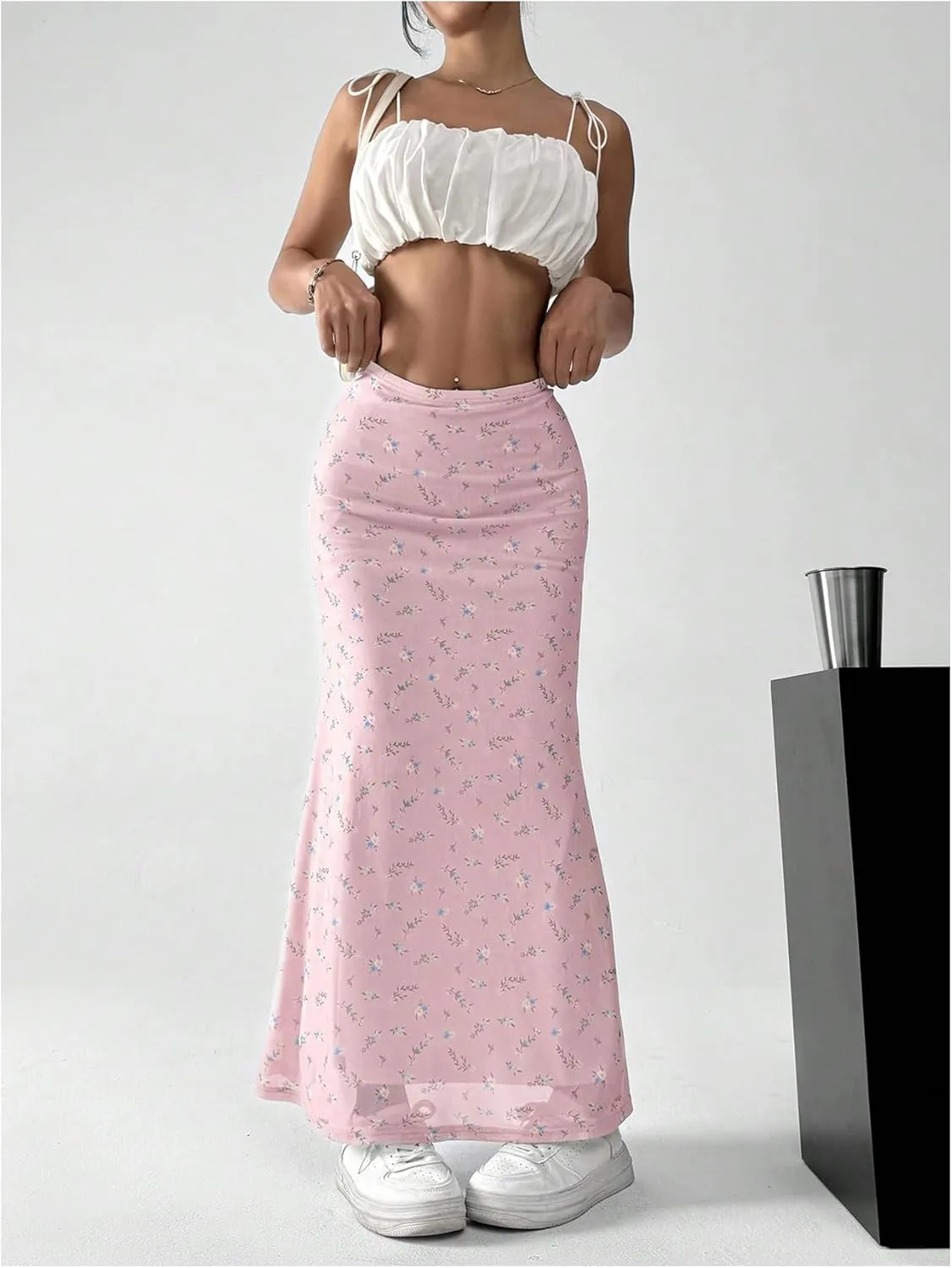 GORGLITTER Women's Floral Flowy Mesh Maxi Skirt High Waisted A Line Long Skirts Summer Outfits