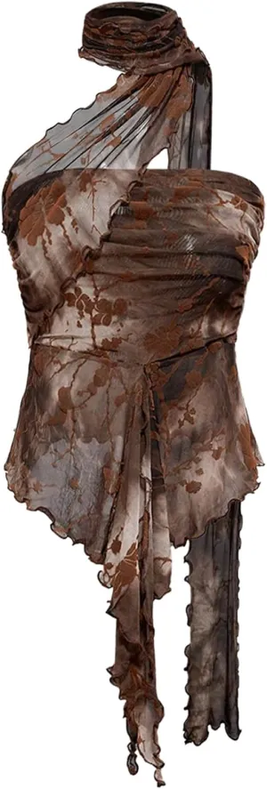 GORGLITTER Women's Y2K Floral Halter Tops Mesh Ruched Frill Trim Punk Country Concert Tops with Scarf