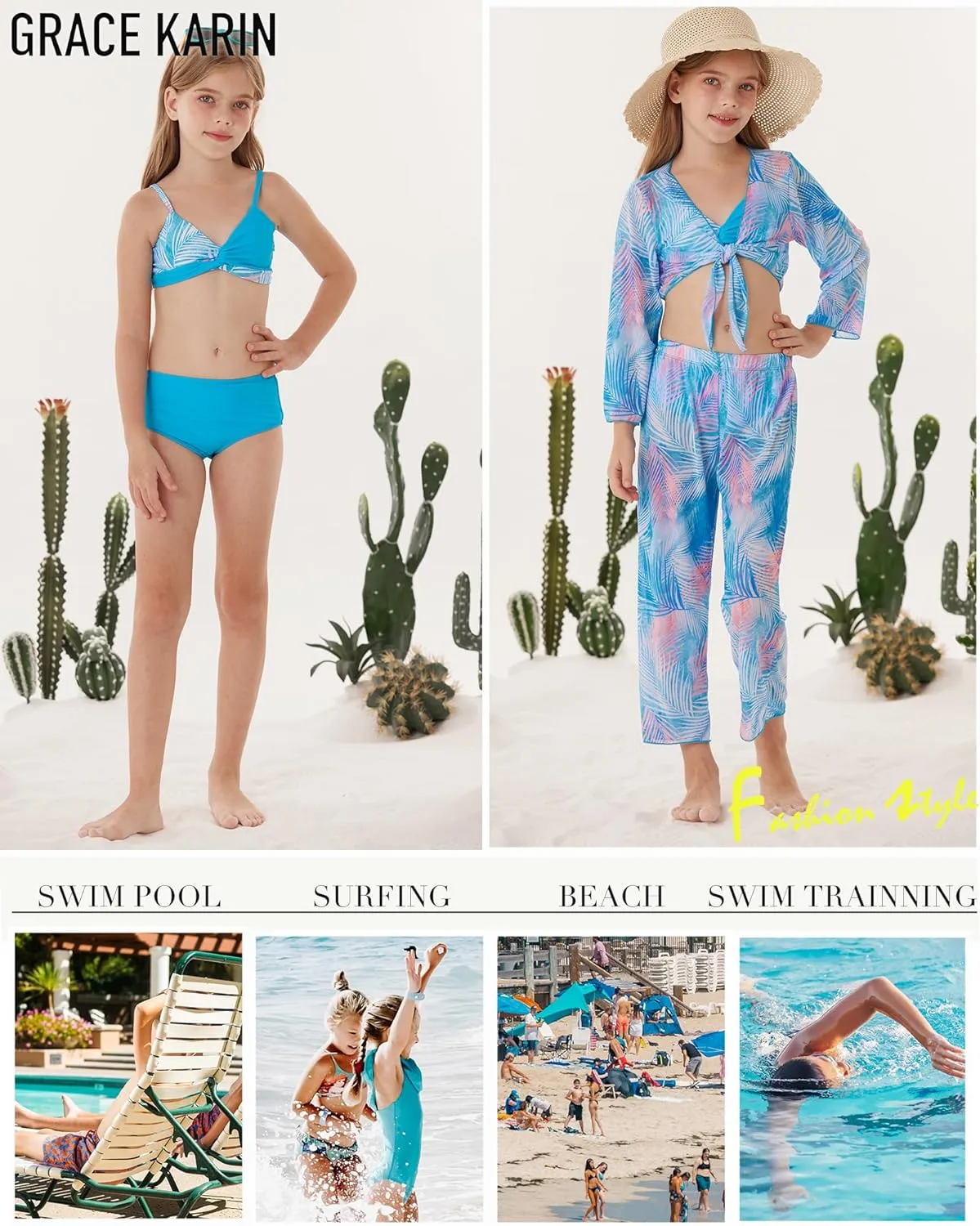 GRACE KARIN Teen Girls Bathing Suits Kids 4 Piece Long Sleeve Swimsuit Kimono Up Pants Bikini Tankini Set Swimwear