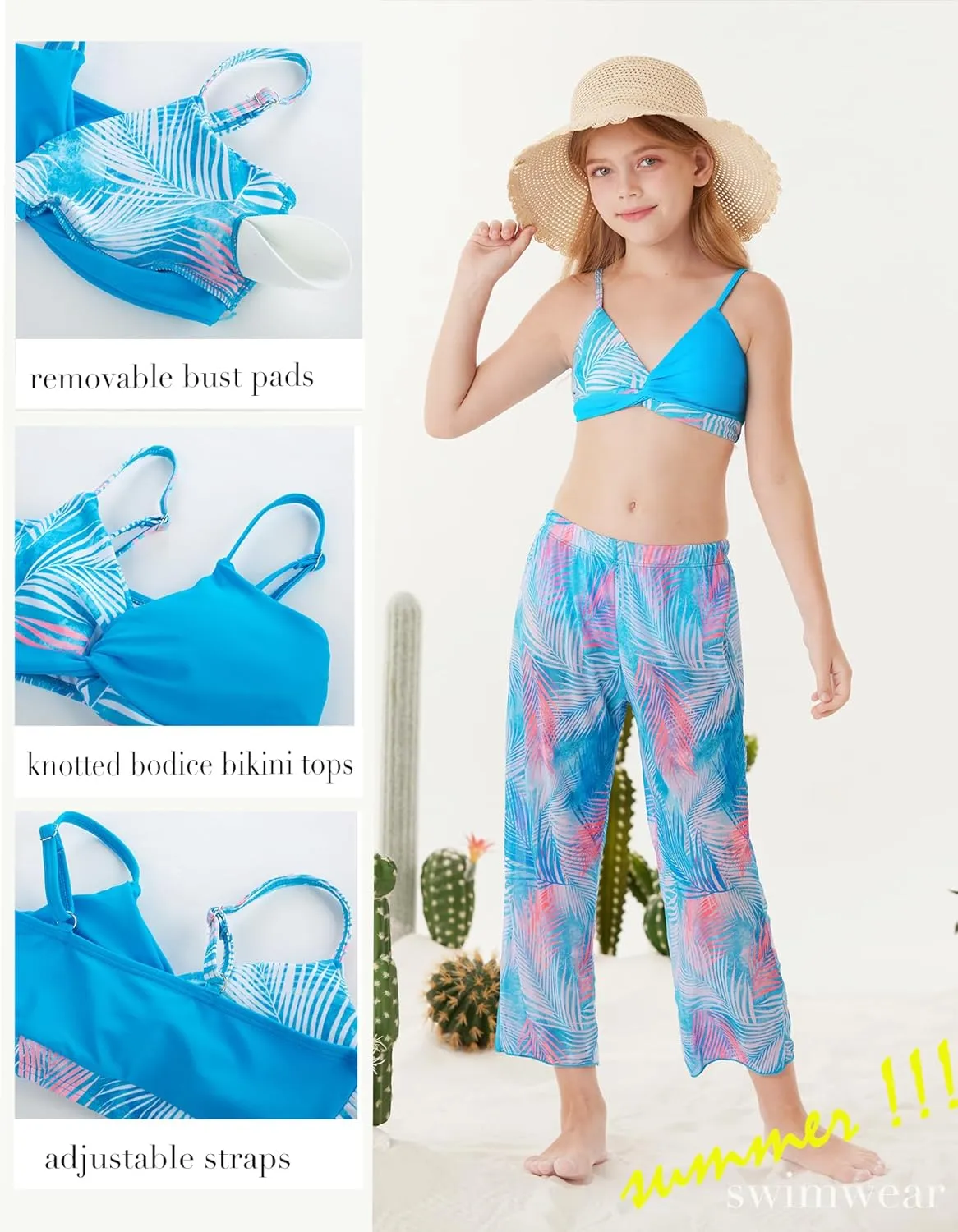 GRACE KARIN Teen Girls Bathing Suits Kids 4 Piece Long Sleeve Swimsuit Kimono Up Pants Bikini Tankini Set Swimwear