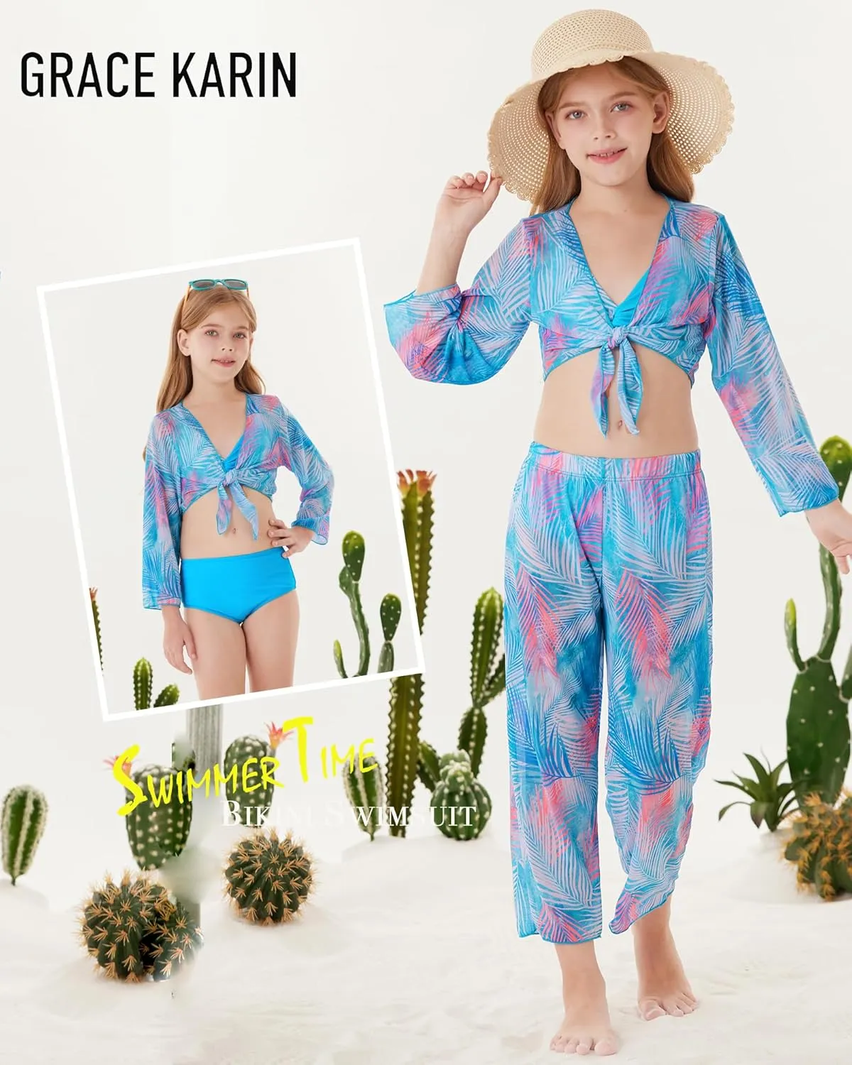 GRACE KARIN Teen Girls Bathing Suits Kids 4 Piece Long Sleeve Swimsuit Kimono Up Pants Bikini Tankini Set Swimwear