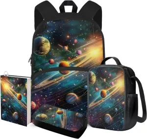 Gradient 4 Piece Backpack Set for Girl Galaxy Print Portable Kids Backpack for Girls Age 6-8 Waterproof Oil Proof Meal Prep Bags for Middle School Secondary Schools